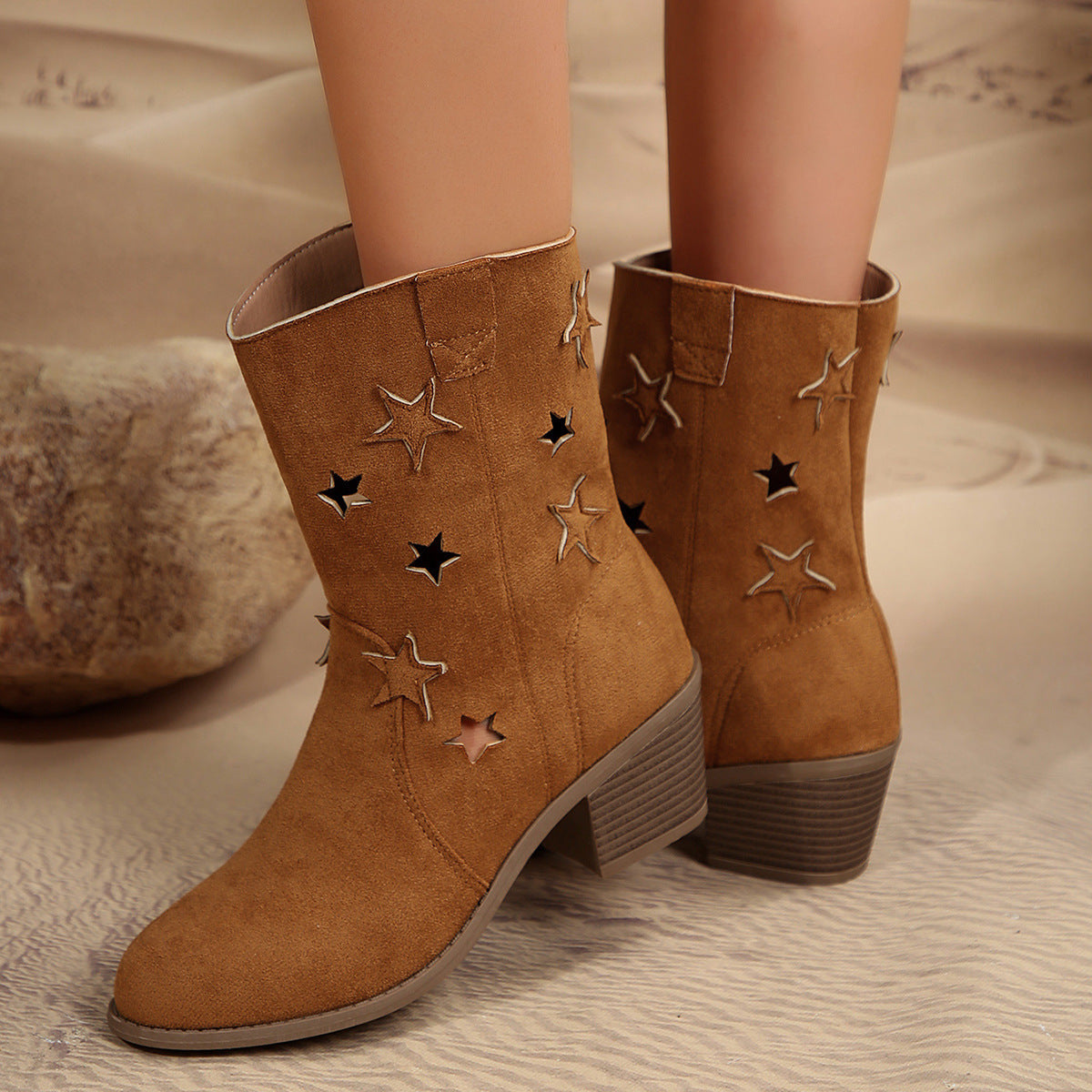 StarryWestern – Bottes Mi-Mollet Rétro avec Motif Étoile