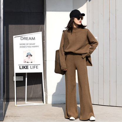 Loose Sweater High Waist Knitted Wide Leg Pants Women Suit