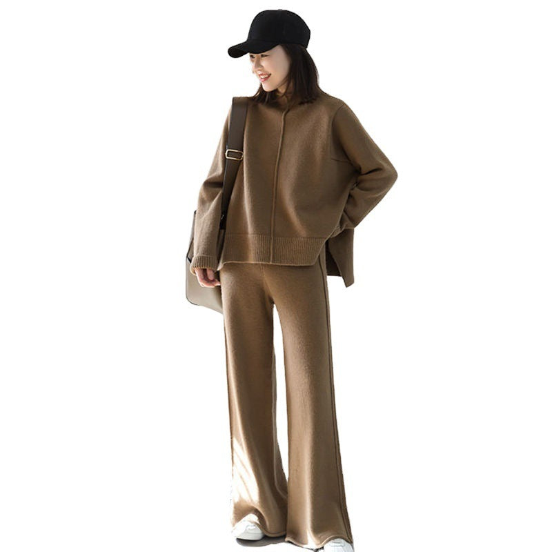 Loose Sweater High Waist Knitted Wide Leg Pants Women Suit