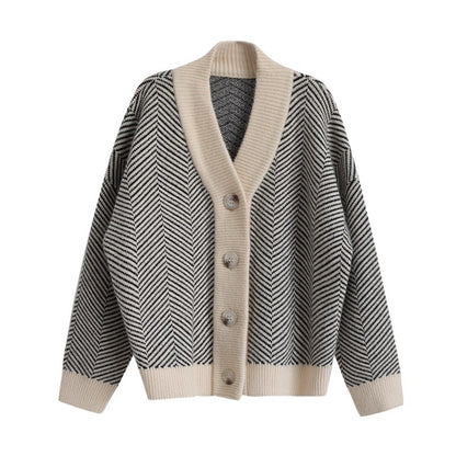 Cardigan Rétro à Col en V - Tricot Ample et Épais pour Femme