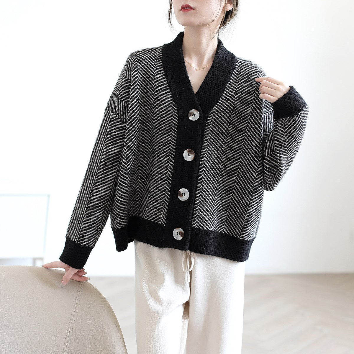 Cardigan Rétro à Col en V - Tricot Ample et Épais pour Femme